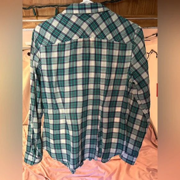 Aqua Green/ Blue Plaid soft pliable Button-Up Shirt size L fits s/m - Picture 3 of 3